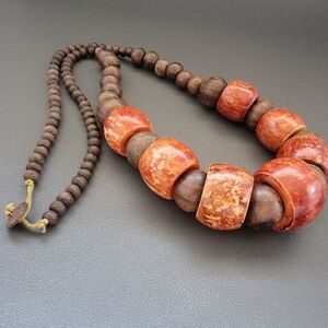 Handcrafted Necklace — Painted Bone and Ironwood Beads, Earthy Tribal Artisan